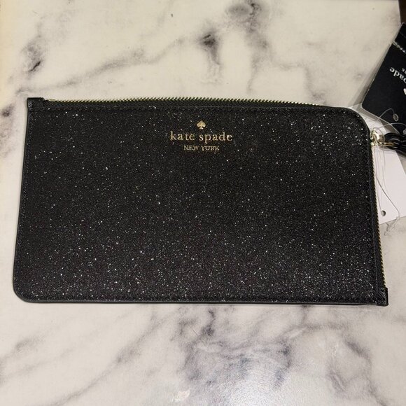 Kate Spade Lucy Black Glitter Medium L-Zip Wristlet • NWT+ with Shopping Bag - Picture 3 of 9